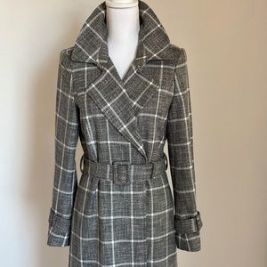 WHBM Plaid Suiting Trench Coat, Gray/White/Black, Size Small, NWT